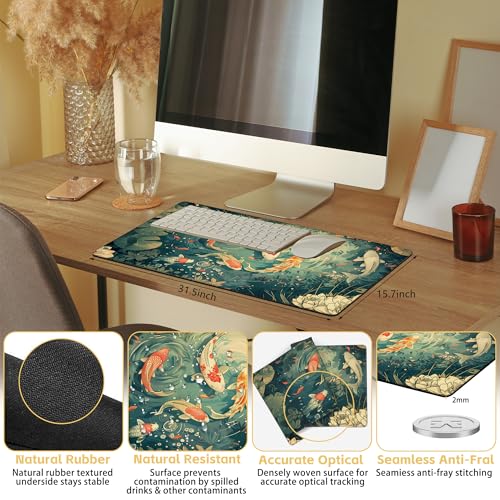 Koi Lotus Pond Desk Mat Large Mouse Pad Gaming Mousepad 31.5 x 15.8 in | Desk Pad for Keyboard and Mouse, Large Non-Slip Rubber Base Mousepad Desk Mat with Stitched Edges for Gaming Office - color: Japanese Koi