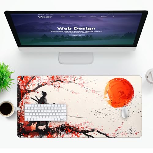 VNDL Large Japanese Gaming Mouse Pad, White and Red, Premium Non-Slip Anime Desk Pad for Office, Extended XL XXL Mouse Mat and Laptop Pad, Waterproof and Stiched Edges 31.5 x 15.7 in (sam3) - color: sam3