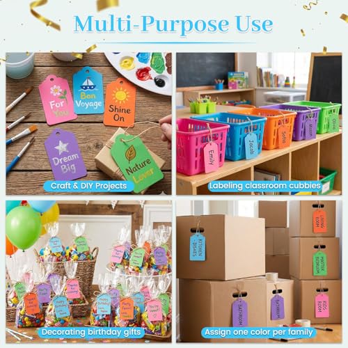 SallyFashion 120PCS Gift Tags with String Attached, 1.6 x 2.8 inch Colored Paper Hang Tags for Clothes DIY Crafts Wedding Holiday - color: Multicolour