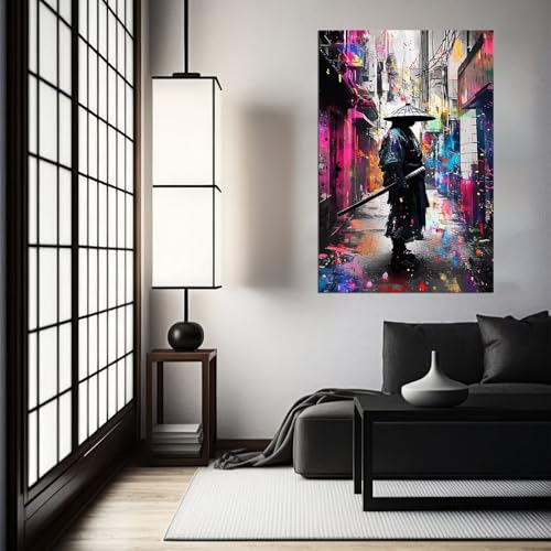 HQLLingArt Graffiti Japanese Samurai Wall Art for Living Room Bedroom Home Decorations Graffiti Samurai Picture Poster Canvas Prints Modern Artwork Framed Ready to Hang(12''W x 16''H) - color: samurai art-17, size: 12"L x 16"W