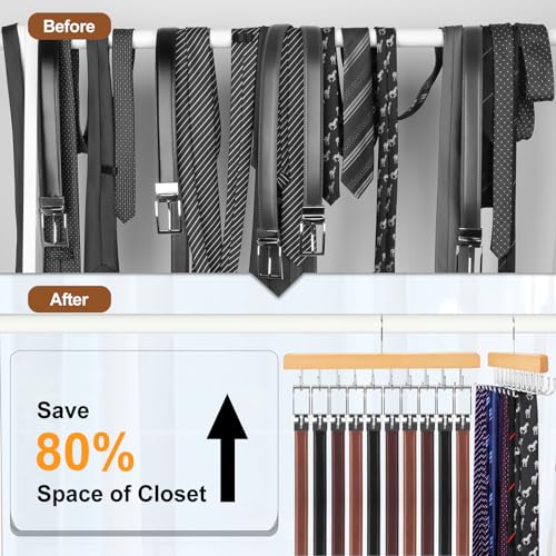 TOPIA HANGER 2 in 1 Belt Tie Hanger for Closet Max 30 Belts with 30 Ties Capacity, 20 Hooks Belt Tie Racks Wooden Hanger for Closet Organizer Storage Space Saving “U” Fit Belt and “一” Fit Tie - CT47N - color: Natural