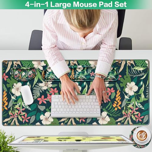Desk Mat Floral, Large Gaming Mouse Pad with Wrist Rest, 4in1 XXL Mousepad+Keyboard Wrist Rest+Mouse Pad Wrist Support+Cup Coaster Set Ergonomic Computer Desk Arm Wrist for Decor Home Office Women - color: Colorful Flowers