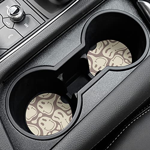 Car Coasters,Purple Smily Absorbent 2 Pack for Cup Holders with Finger Notch,2.56 inches Ceramics Heat Resistant Anti Slip Cork Base Car Drinks Coasters Auto Cup Holder(Apricot Smily) - color: Apricot Smiley Face