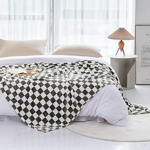 LOMAO Throw Blankets Flannel Blanket with Checkerboard Grid Pattern Soft Throw Blanket for Couch, Bed, Sofa Luxurious Warm and Cozy for All Seasons (Dark Olive, 90"x110") - color: Dark Olive, size: 90"x110"