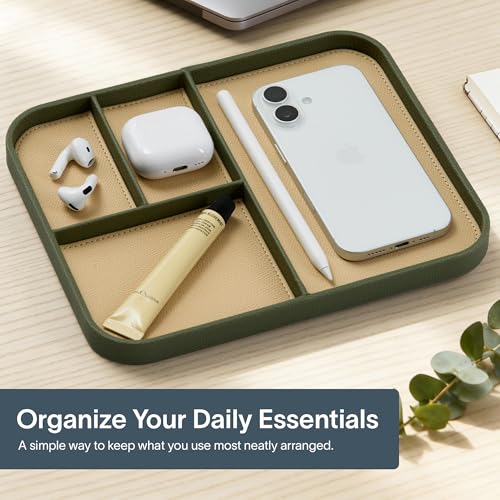 Nordik Leather Valet Tray - Moss Green - 9.5 x 7.9 Inch Medium Vegan Leather Tray - Stylish Nightstand Organizer for Men - Modern Bedside Caddy - EDC Catchall for Key Watch Wallet Jewellery - color: Moss Green, size: 9.5in x 7.9in
