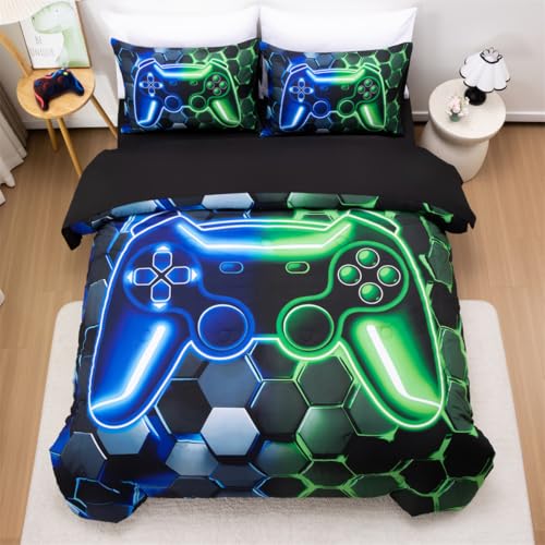NTBED 3D Gaming Comforter Set for Boys Kids Teens,5pcs Gamer Bedding Sets with Sheet,Game Console Bed in a Bag (Blue Green, Full) - color: Green Blue, size: Full