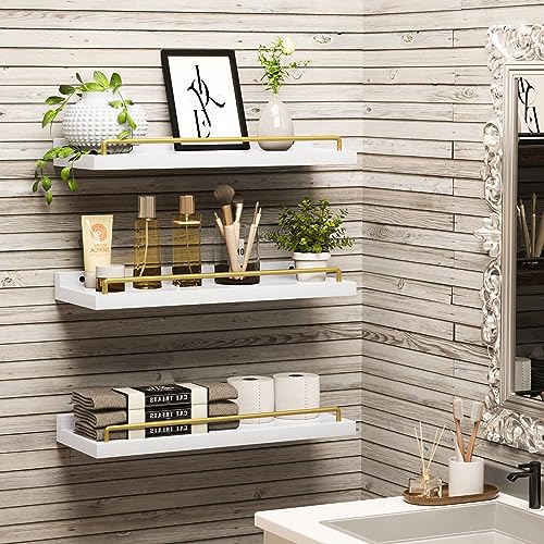 RYOFOBETTO Floating Shelves for Wall Decor, White and Gold Shelves for Bathroom, Living Room, Bedroom, Picture Frames, Plants, Kitchen (Set of 3) - color: White and Gold, size: 16"