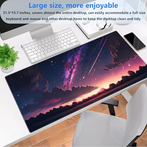 Anime Galaxy Desk Mat, Large Gaming Mouse Pad 31.5x15.7x0.12 in for Gamer | Thick 3mm comfort desk pad with vibrant anime starry night print, smooth fabric surface, and non-slip rubber backing. - color: Purple-sky