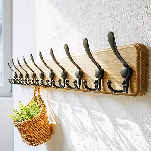 Dseap Coat Rack Wall - Heavy-Duty 38-1/4" Long, with Reinforced 10 Custom Tri-Hooks, Solid Wood Wall Hanger for Coats Hat Jackets - Rustic Farmhouse Entryway Hallway Storage, Weathered Brown & Black - color: Weathered Brown & Black, size: L=38.3"
