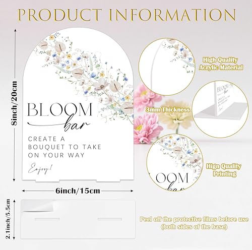 Bloom Bar Sign Arch Acrylic Wedding Sign, Flower Bar Supplies, Wild Flower Bridal Shower Decorations, 6x8" Floral Table Signs for Wedding Reception Bachelorette Engagement Party Decor - color: Bloom Bar