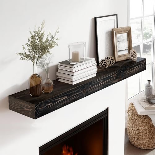 48x3x7in Solid Wood Floating Shelf – Black Rustic Wall Mounted Fireplace Mantel Shelf – Heavy Duty Decorative Fireplace Mantel for Living Room, Kitchen, Bathroom, Bedroom - color: Black, size: 48x3x7-hollow