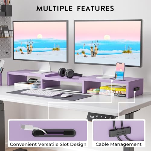 BONTEC Dual Monitor Stand Riser with Smartphone Holder, Adjustable Length & Swivel Angle, Ergonomic Wooden Desktop Organizer for PC Monitor, Laptop, Printer, Large Storage, Purple - color: Purple