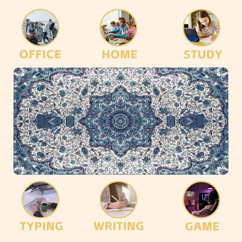 Blue Boho Texture Desk Mat Large Mouse Pad Gaming Mousepad 31.5 x 15.8 in | Desk Pad for Keyboard and Mouse, Large Non-Slip Rubber Base Mousepad Desk Mat with Stitched Edges for Gaming Office - color: Blue Boho Rug Texture
