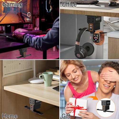 Gaming Headphone Stand with Charging Station - Aluminum Hooks Headphone Holder, Under Desk Headset Stand, 3 USB & AC Outlet, Surge Protector & Cable Organizer, Gift for Girl/Men - color: Black