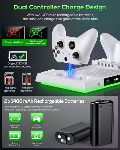 Auto Cooling Fan and Charge Stand Accessories for Xbox Series X Console with 15 Light Modes, Wireless Dual Charger Dock for XSX Controller, 2* Rechargeable Batteries, Headset Stand & Game Disc Storage (White) - color: White