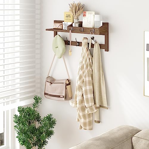 AMBIRD Wall Hooks with Shelf, 26.57 Inch Entryway Wood Coat Hooks for Wall with Shelf, Coat Rack Wall Mount with 5 Dual Hooks 3 Key Hooks Mail Organizer and Key Rack Holder (Brown) - color: Brown, size: 26.57" L