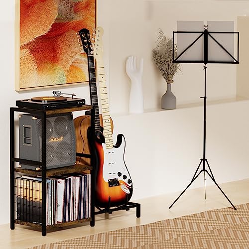 YAKANJ End Table with Guitar Stand,Record Player Stand,Vinyl Records Storage,2-Tier Guitar Stand for Acoustic,Turntable Stand for Music Studio-Brown - color: Brown