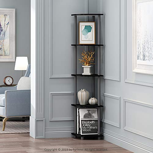 Furinno TURN-N-TUBE Corner Shelf, 5-Tier Corner Bookshelf, Open Storage Shelves, for Organization and Storage, Living Room, Home Office, Garage, Bedroom, Black