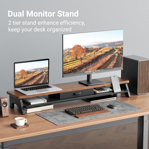 AFOOYO Dual Monitor Stand Riser,LED 2-Tier 39.3 Inch Computer Monitor Stand for 2 Monitors,Office Desktop Organizer with Storage Drawer and Phone Holder for Laptop,PC,Computer,Printer,Walnut - color: LED-Walnut, size: 2 Tier