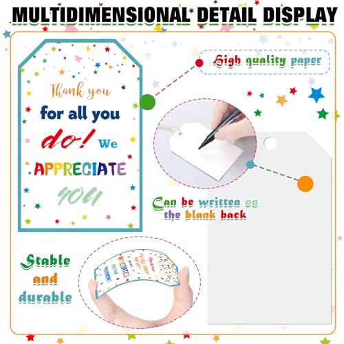 192 Pcs Thank You Gift Tags Bulk Confetti Appreciation Tags with String Teacher Employee Coworker Appreciation Labels Back to School Goodie Bag Gift Wrapping Thanks for All You Do Label, 4 Style