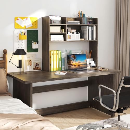Giantex Desktop Bookshelf, 37" Desk Hutch Dorm for Computer Up to 32 Inch, Countertop Hutch w/6 Storage Shelves, 3-Tier Desktop Organizer Display Rack, Wood Desk Shelf for Home Office (Grey Oak) - color: Grey Oak, size: 6 Shelves (33.5"H)