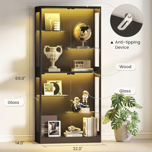 Lamtor Glass Display Cabinet with RGB LED Light & Adjustable Shelf | Black | 69" Curio Cabinet, Pop-Up Glass Doors, Adjustable Shelves, Anti-Tip Design - color: Black