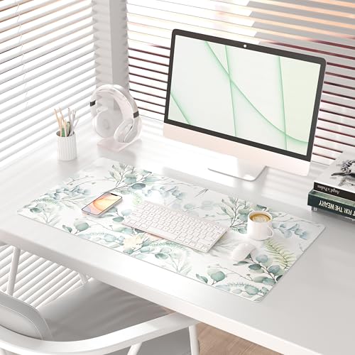 QIYI Large Mouse Pad for Desk, Cute Desk Mat for Desktop, Women Girls Green Office Décor Desk Accessories, PU Leather Waterproof Gaming Mousepad, Eucalyptus Leaf Desk Pad Computer Mat, 31.5" x 15.7" - color: Eucalyptus Leaf, size: 31.5" x 15.7"
