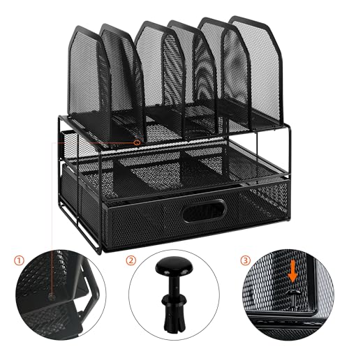 Amazon Basics Mesh Desk Organizer with Sliding Drawer, Double Tray and 5 Upright Sections, File Holder for Office Supplies, Paper Letter Tray, Black