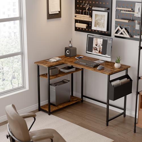 Pamray 40 Inch L Shaped Computer Desk with Reversible Side Storage Shelves, Small Corner Desk for Small Space Home Office, Writing Study Table PC Desk for Bedroom, Vintage - color: Vintage, size: 40 Inch