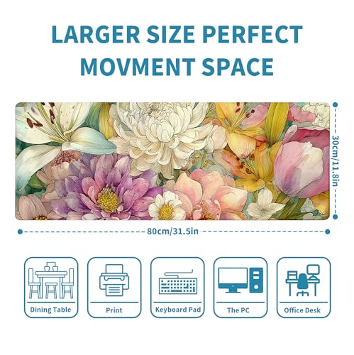 Retro Blossom Boho Floral Mouse Pad Desk Mat XL Extended Large Gaming Desk Pad Mousepad, Floral Computer Laptop Keyboard and Mouse Mat, Desktop Protector Mat for Office and Home 31.5x11.8 in - color: Floral