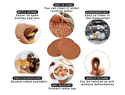 Coasters for Drinks 6 Pack Drinking Plastic Coaster with Holder,Heat Resistant Silicone Cup Mat Tabletop Protection,Non-Slip Rubber Coasters for Kinds of Cups (Brown) - color: Brown-metal Holder