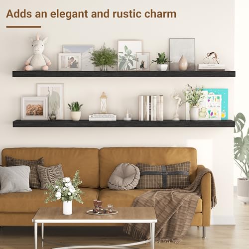 55 Inch Floating Shelves, 12 Inch Deep Floating Shelves for Wall, Extra Deeper & Thicker Wooden Wall Shelf with Invisible Brackets, Shelf for Bedroom Living Room Home Decor(Black, Set of 2) - color: Black, size: 55"W x 12"D x 2"H, Set of 2