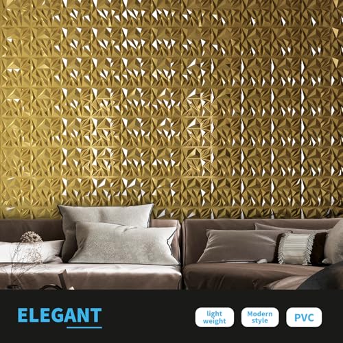Art3d 33-Pack 3D Wall Panels for Interior Wall Decor, Diamond Textured Feature Wall Paneling for Gaming Living Room TV Wall Background Accent Wall - 12 x 12 inch Gold - color: Gold, size: 12x12 Inch 33 pcs