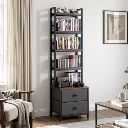 VEVOR Media Storage Cabinet, 4-Shelf DVD Shelf Organizer with Drawers, 15.75 x 11.81 x 56.50 in Multimedia Storage Organizer for CDs, DVDs, Books and Games, CD Cabinet for Living Room, Home Office