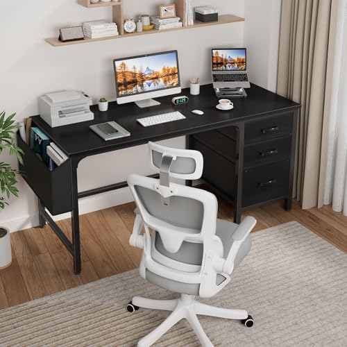 Lufeiya Computer Desk with Fabric File Drawers Cabinet, 55 Inch Reversible Home Office Desks with Filing Cabinet, Study Writing Table PC Desks with Storage for Bedroom, Black - color: Black, size: 54.6"