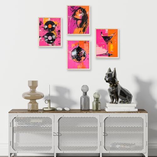 Eastern Print Disco Abstract Wall Art Set of 4, Retro Vinyl Record & Disco Ball Posters, Pink and Orange Wall Decor for Home and Kitchen, Record Wall Art, Abstract Poster, 8x10 Unframed - color: Disco Abstract