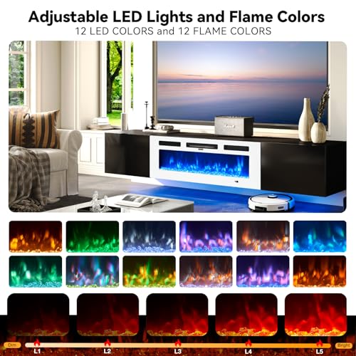 70'' Floating TV Stand with 36" Electric Fireplace, Wall Mounted Entertainment Center for TVs up to 80", Adjustable 12-Color LED Lights Media TV Console for Living Room,Black & White - color: Black & White, size: 70 IN