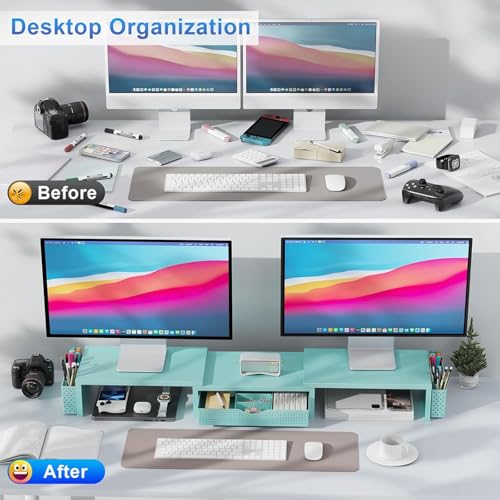 gianotter Dual Monitor Stand Riser, Desk Organizer With Drawer and 2 Pen Holders, Monitor Stand for Desk, Office Decor Essentials (Blue) - color: Blue