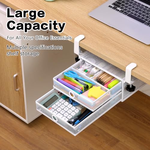 2-Tier Clamp-On Mesh Organizer, Under Desk Storage with Slide-Out Tray, No Drilling Tool-Free Installation, Durable Rust-Resistant Metal, Large-Capacity Organizer. - color: White - 2 Tier