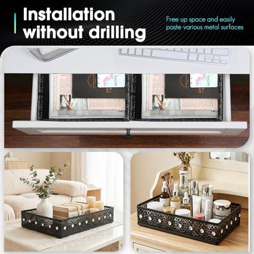 Desk Drawer Organizer, A4 Large Metal Mesh Desk Organizer Tray, Carved Hollow Floral Desk Tray, Versatile Storage Box Set for Office Home Supplies,13x9x3 inches (Rhinestones,1 PC) - color: Rhinestones