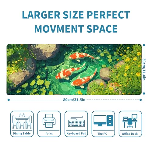Fish Art Mouse Pad Green Desk Mat XL Mouse Gaming Pads, Fish Keyboard Pads Extra Large Desktop Computer Mats with Non-Slip Base & Stitched Edges, Vintage Office Decor 31.5x11.8 - color: Fish Art