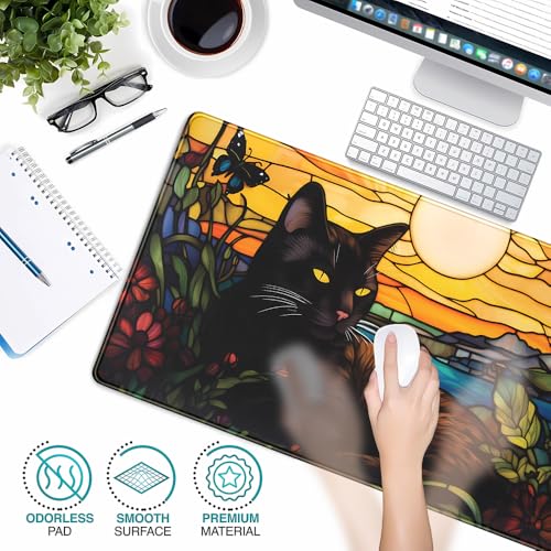 Black Cat Desk Mat Retro Flower Mouse Pad Large Mousepad, Enamel Aesthetic Gaming Mouse Pad Boho Desk Pad Large Decor Computer Mat, with Stitched Eges Non-Slip Base Mouse Pads Accessories 31.5"x15.7" - color: Black Cat