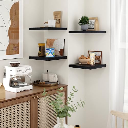 Fun Memories Floating Shelves for Wall - 12 Inch Square Shelves with Invisible Brackets, Black Small Wall Shelf for Living Room, Bathroom, Bedroom, and Kitchen Decor Set of 4 - color: Black, size: 12"W x12"D - 4P