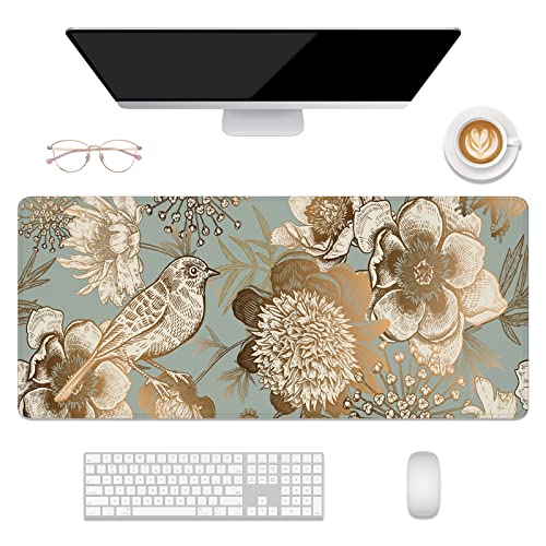 Desk Mat, 32" x 12" XXL Extended Large Gaming Mouse Pad, Desktop Decor Desk Pad, Cute Men Women Office Supplies and Accessories, XL Mouse Mat for Laptop & Keyboard, Retro Flower and Bird - color: Retro Flower and Bird, size: 32" x 12"