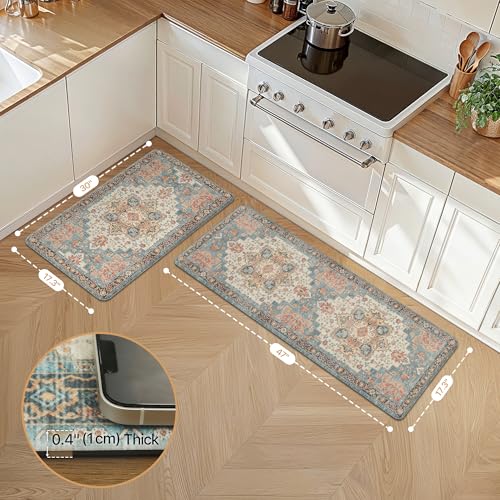 GENIMO Kitchen Mats for Floor 2PCs, Washable Anti Fatigue Mat for Cushioned, 17.3"x47"+17.3"x30", Waterproof Kitchen Rugs, Non Slip Comfort Standing Mat Rug for Home, Sink, Laundry, Blue&Salmon - color: Blue&salmon, size: 17.3"x47"+17.3"x30"--0.4 inches