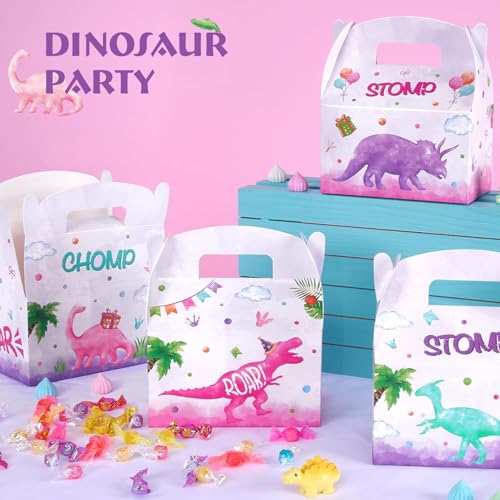 WERNNSAI 12 Pcs Girl Dinosaur Favor Boxes Gift Box for Dino Party Favors | Watercolor Dinosaur Theme, 4 Assorted Styles, Vibrant Printing Quality, Sturdy and Easy to Assemble - color: Dinosaur F