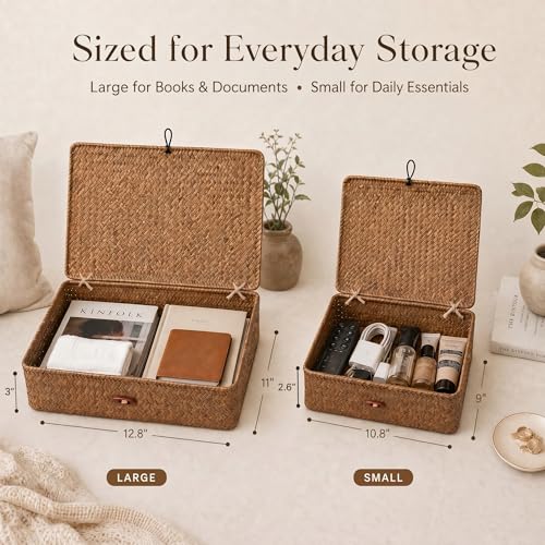 YANGQIHOME Set of 2 Seagrass Baskets with Lids, Rectangular Woven Storage Baskets, Natural Wicker Basket Boxes for Coffee Table, Shelf, Bathroom Counter & Closet Decor (Coffee, Set of 2) - color: Coffee, size: Set of 2