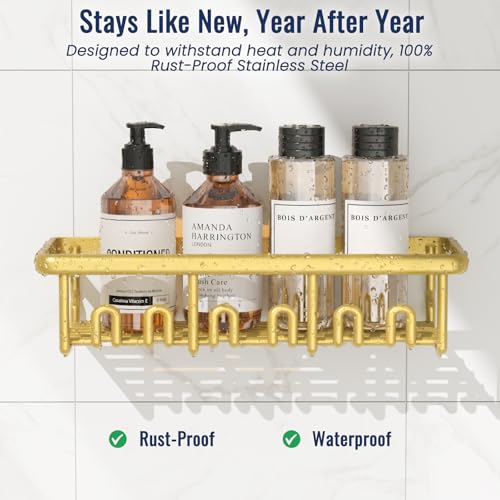 8 Pack Adhesive Rustproof Shower Caddy with Soap Dishes, Toothbrush Holder & Hooks, Large Capacity No-Drilling Shower Shelves Rack for Bathroom Organizers and Storage Accessories, Gold - color: Gold