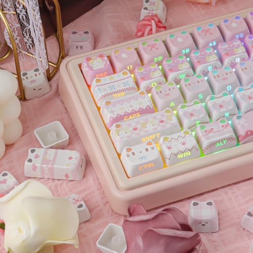 PBT Keycaps - Pink Meow Meow Keycap, 113 Keys Side Print Shine Through Cute Keycap, Mao Profile Custom Cat Keycaps for 60 65 75 100 Percent Cherry MX Mechanical Keyboard - color: Pink Meow