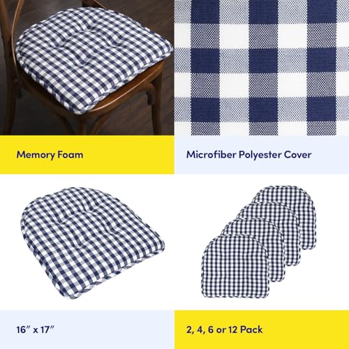 Sweet Home Collection Chair Cushion Memory Foam Pads Tufted Slip Non Skid Rubber Back U-Shaped 17" x 16" Seat Cover, 4 Count (Pack of 1), Checkered Navy/White - color: Checkered Navy/White, size: 4 Pack, style: Foam Pads